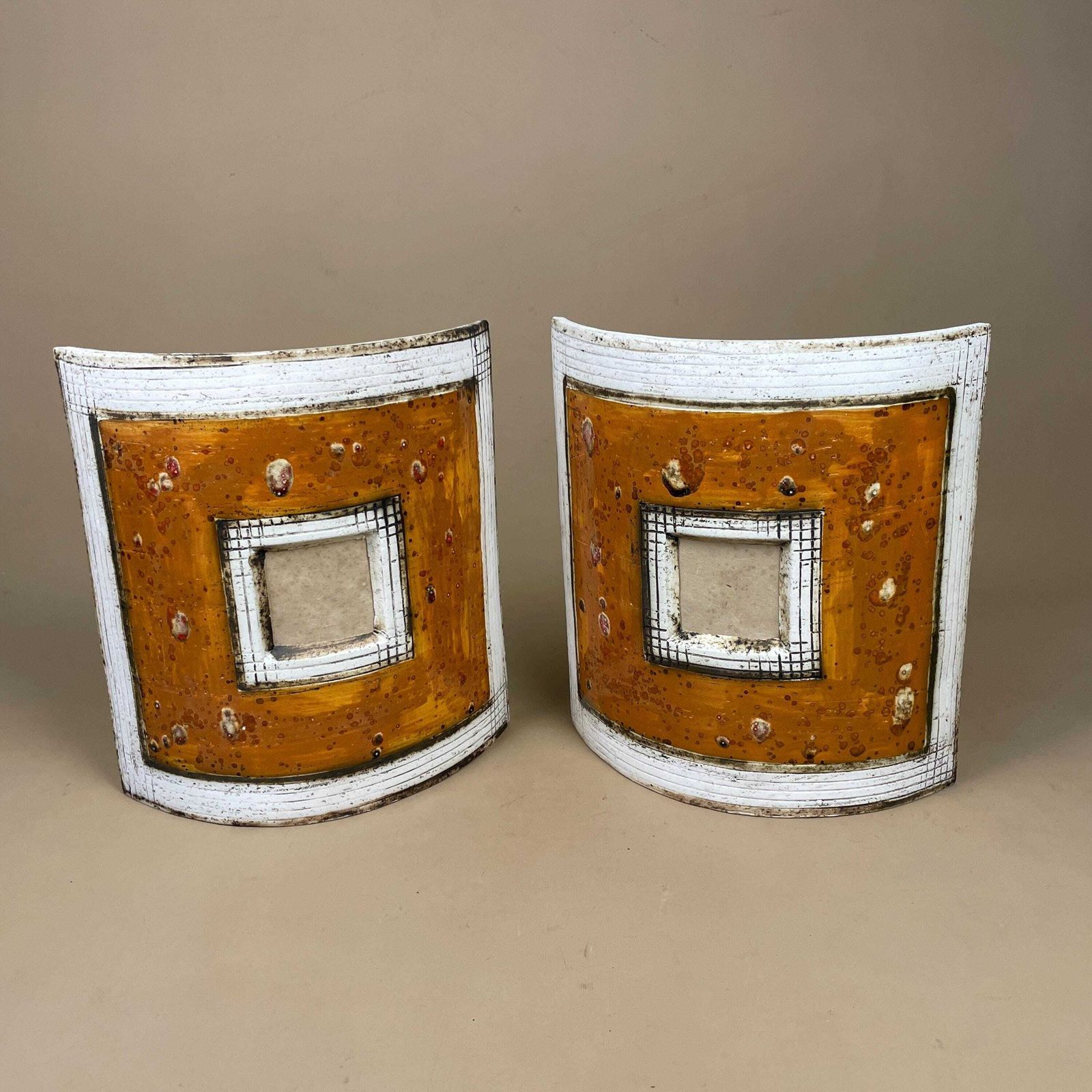 Handmade Ceramic Wall Light Pair African Brutalist Studio Pottery Sconce White Amber Mustard Geometric Wall Accent Decor