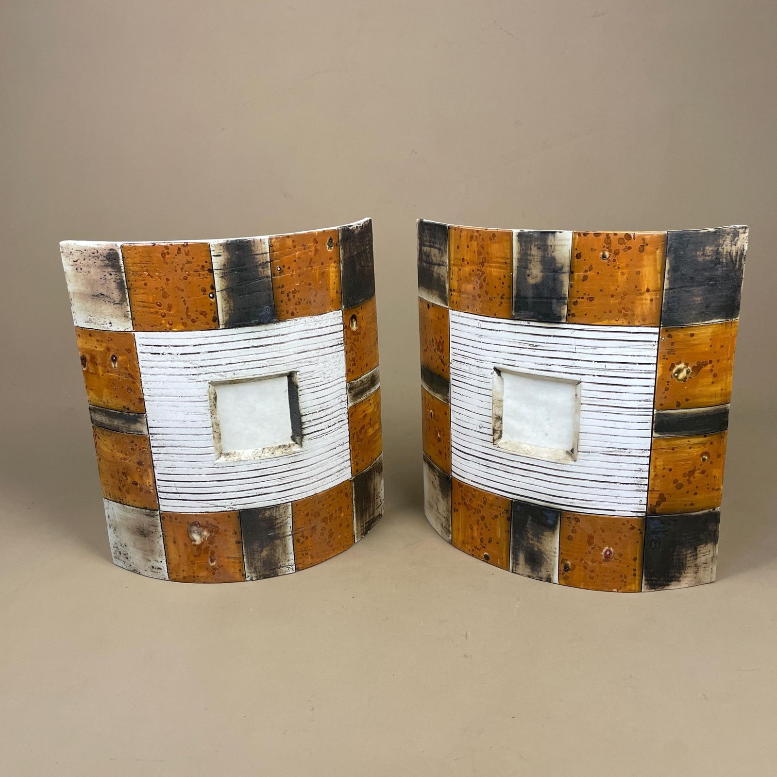 Handmade Ceramic Wall Light Pair African Brutalist Studio Pottery Sconce White Black Amber Mustard Geometric Wall Accent Decor photo for sale