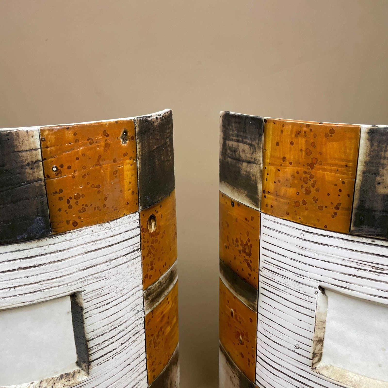 Handmade Ceramic Wall Light Pair African Brutalist Studio Pottery Sconce White Black Amber Mustard Geometric Wall Accent Decor photo 185.0