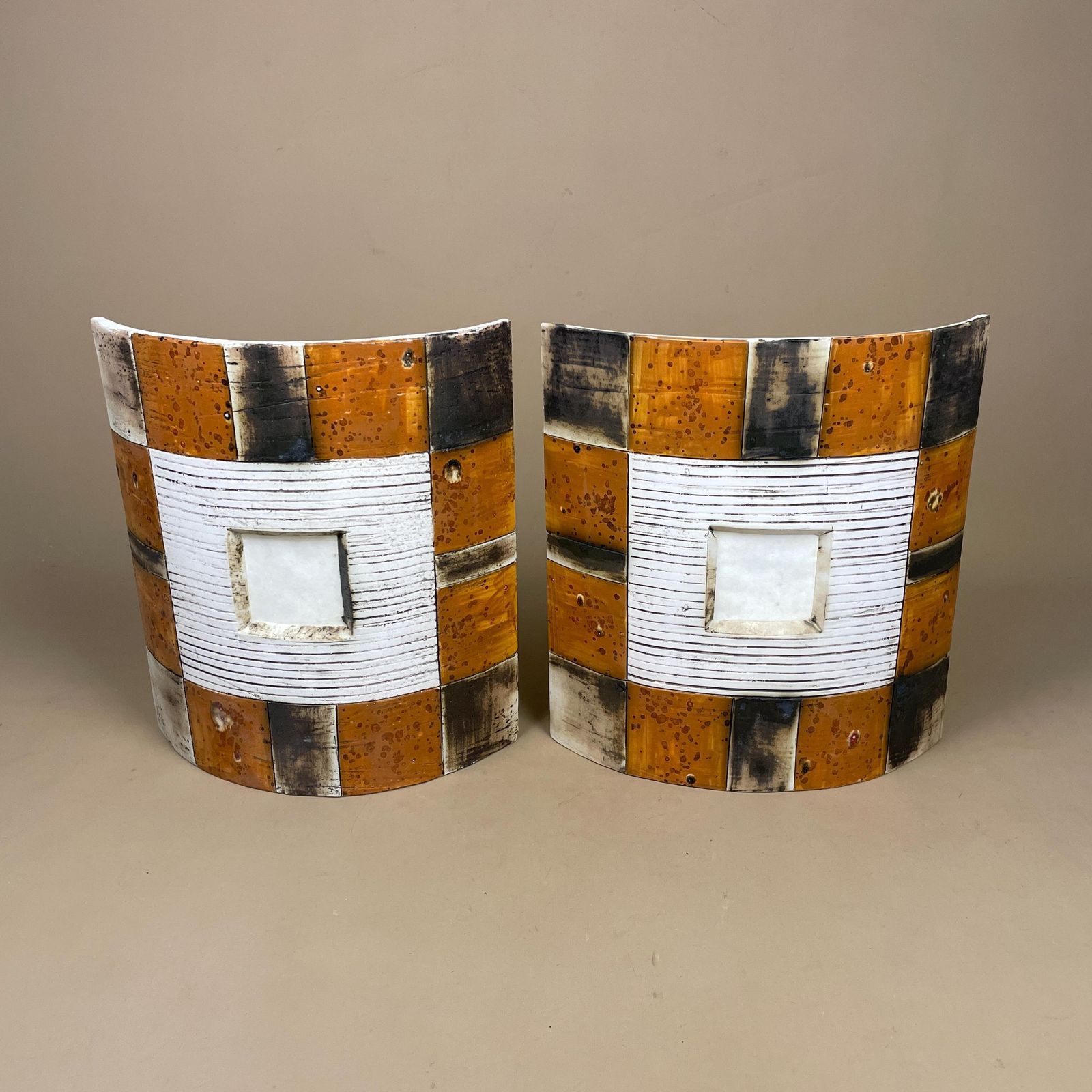 photo furniture Handmade Ceramic Wall Light Pair African Brutalist Studio Pottery Sconce White Black Amber Mustard Geometric Wall Accent Decor