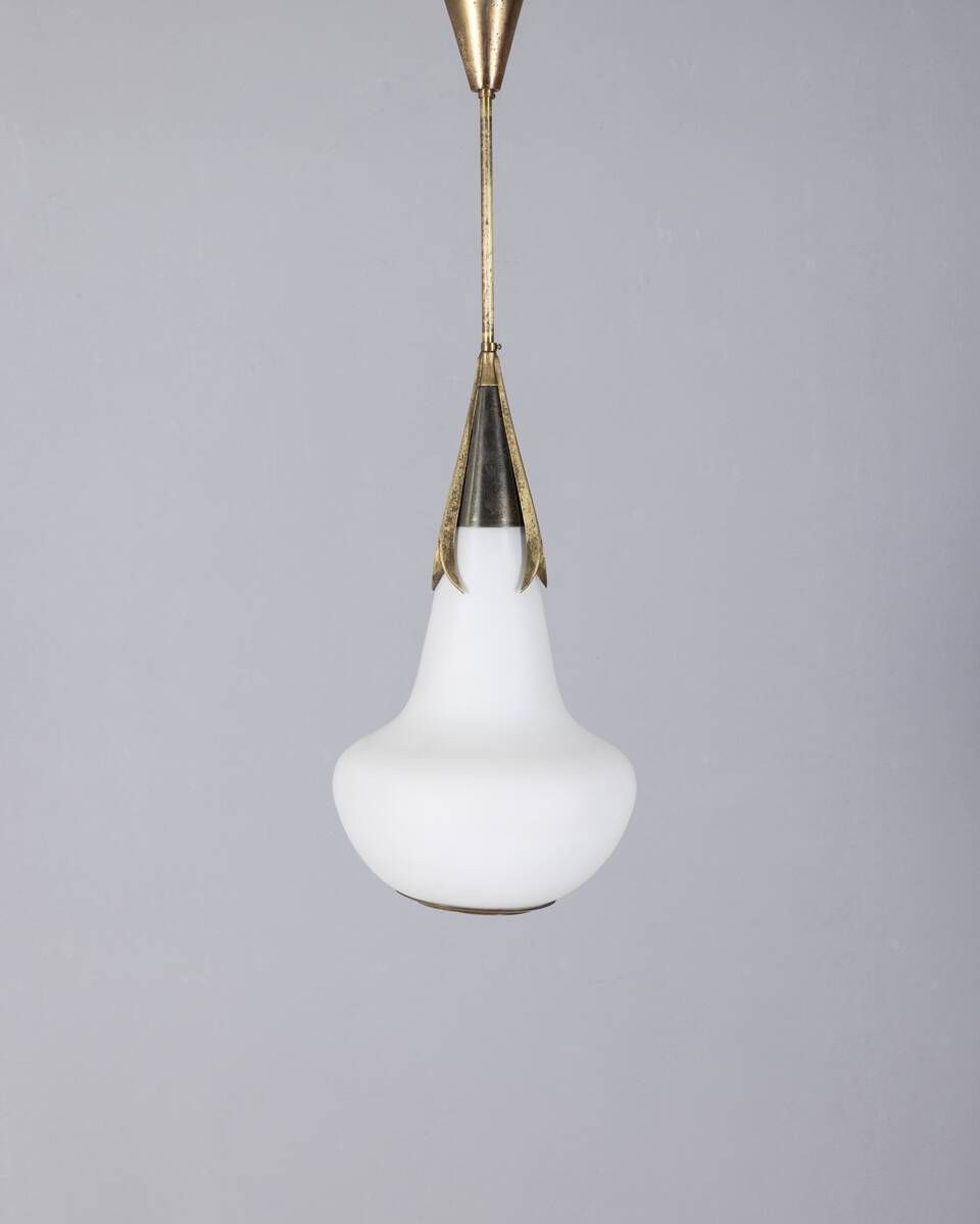 Vintage 1960s Brass And Opaline Glass Chandelier, Designed By Stilnovo photo vintage