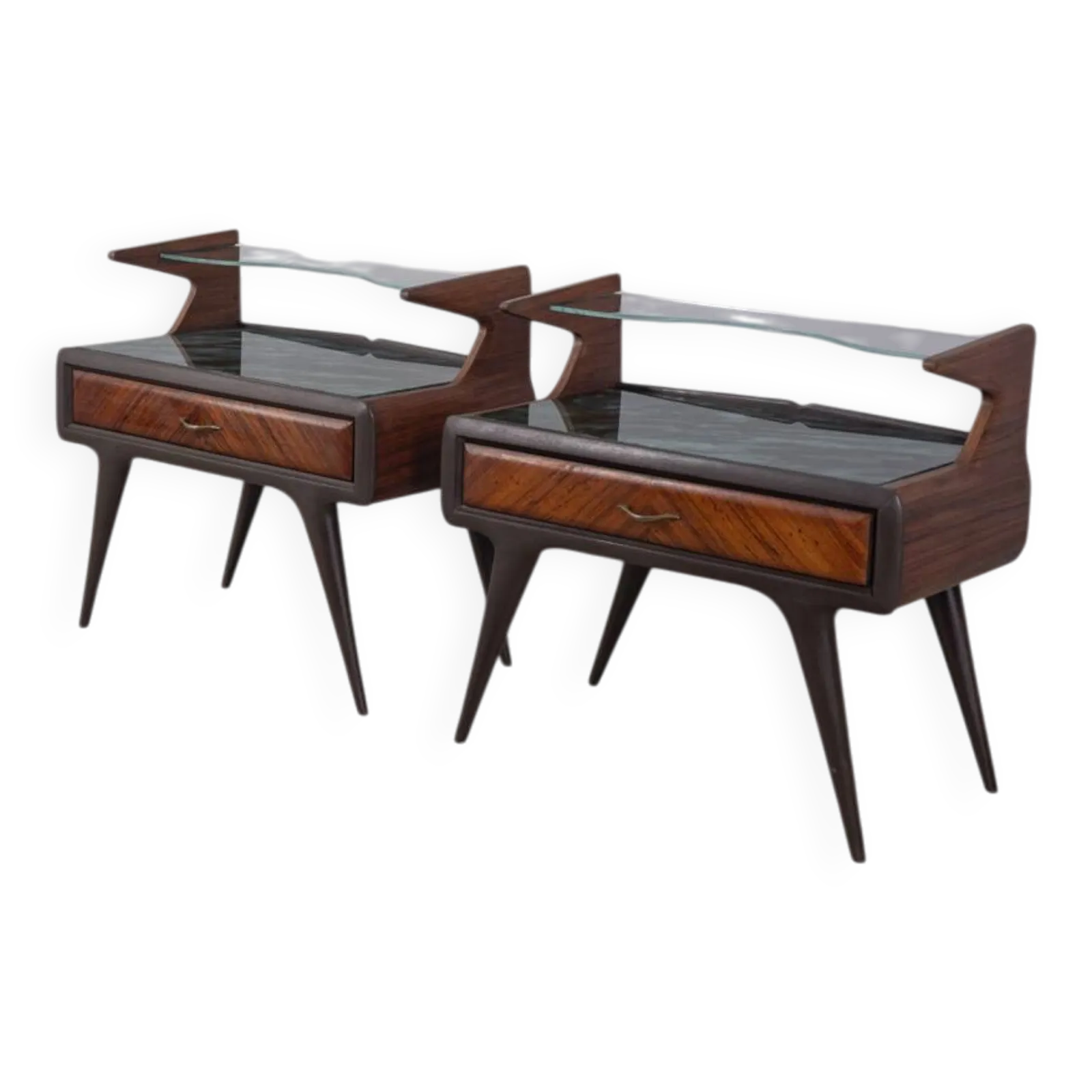 Pair Of Vintage 1950s Bedside Tables In Wood And Glass