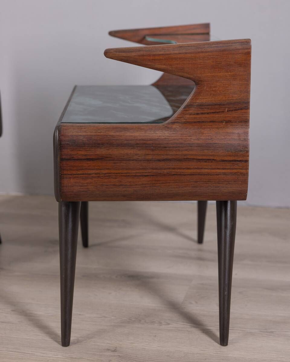photo for sale Pair Of Vintage 1950s Bedside Tables In Wood And Glass