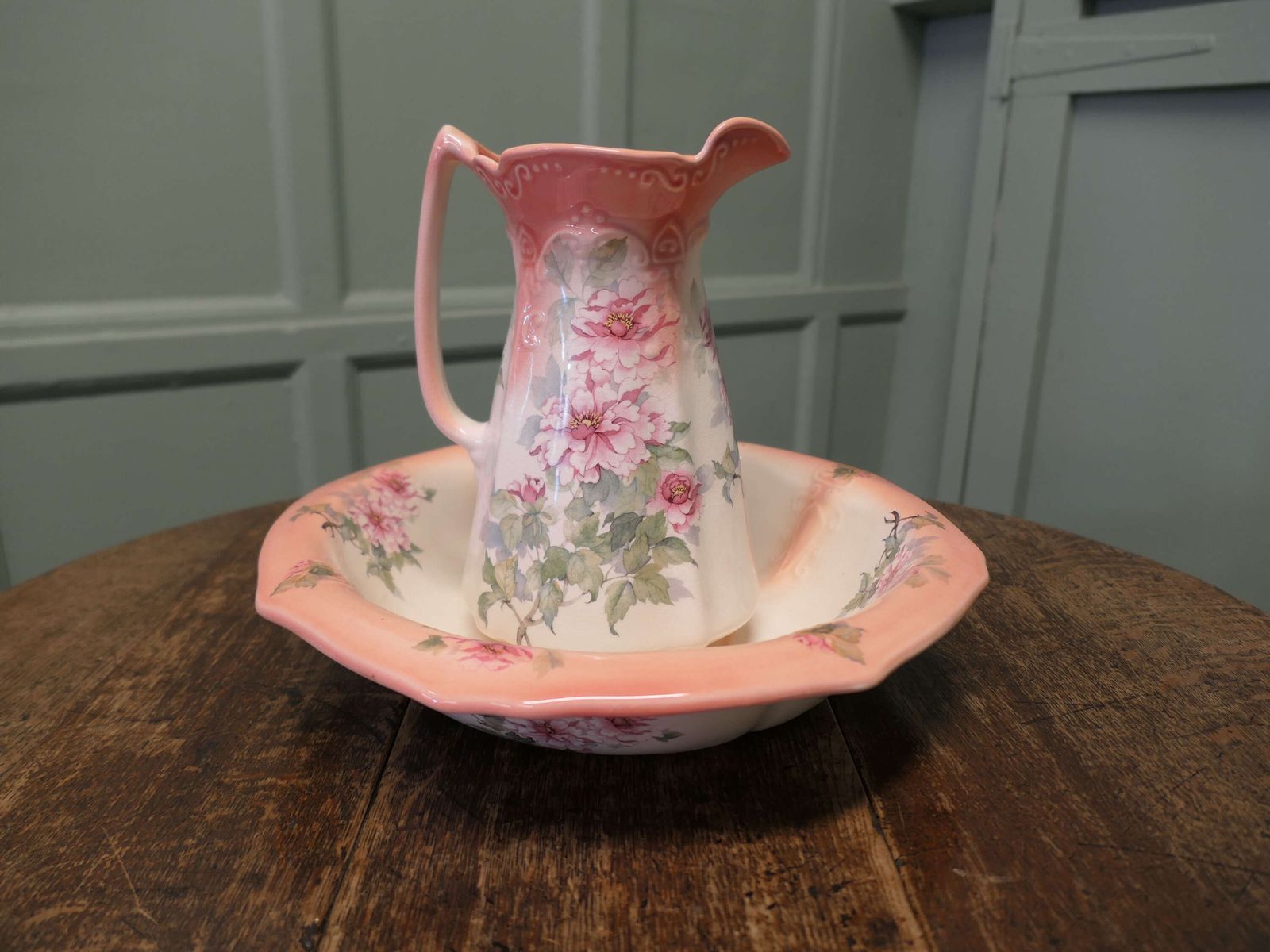 Ironstone Pitcher And Bowl Hand Painted, Pink Roses This Attractive And Colourful Pair photo Home Decor