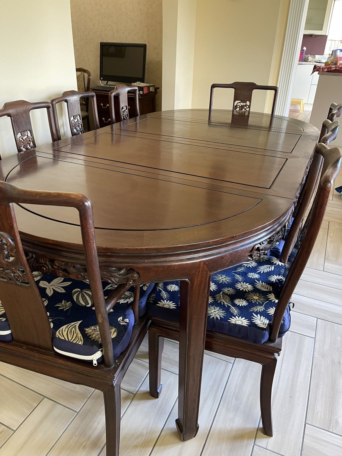 Extendable Antique Asian Dining Table With 8 Chairs