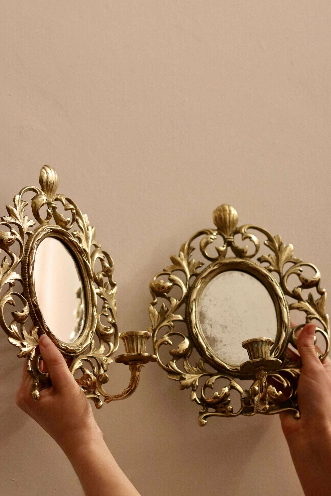 Pair Of Antique French Brass Sconces With Mirror photo 275.0