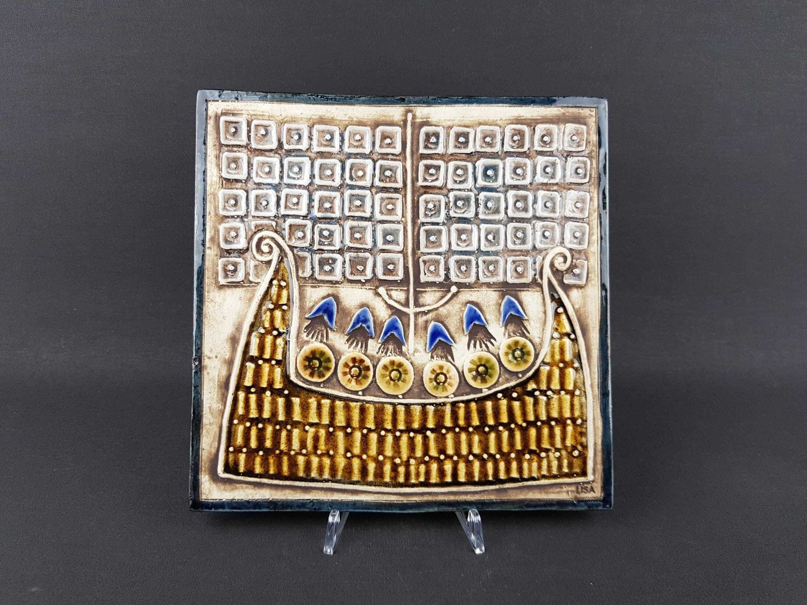 Vintage Lisa Larson For Gustavsberg, Tile With Viking Ship From The Unik Series Sweden 1962 1967s
