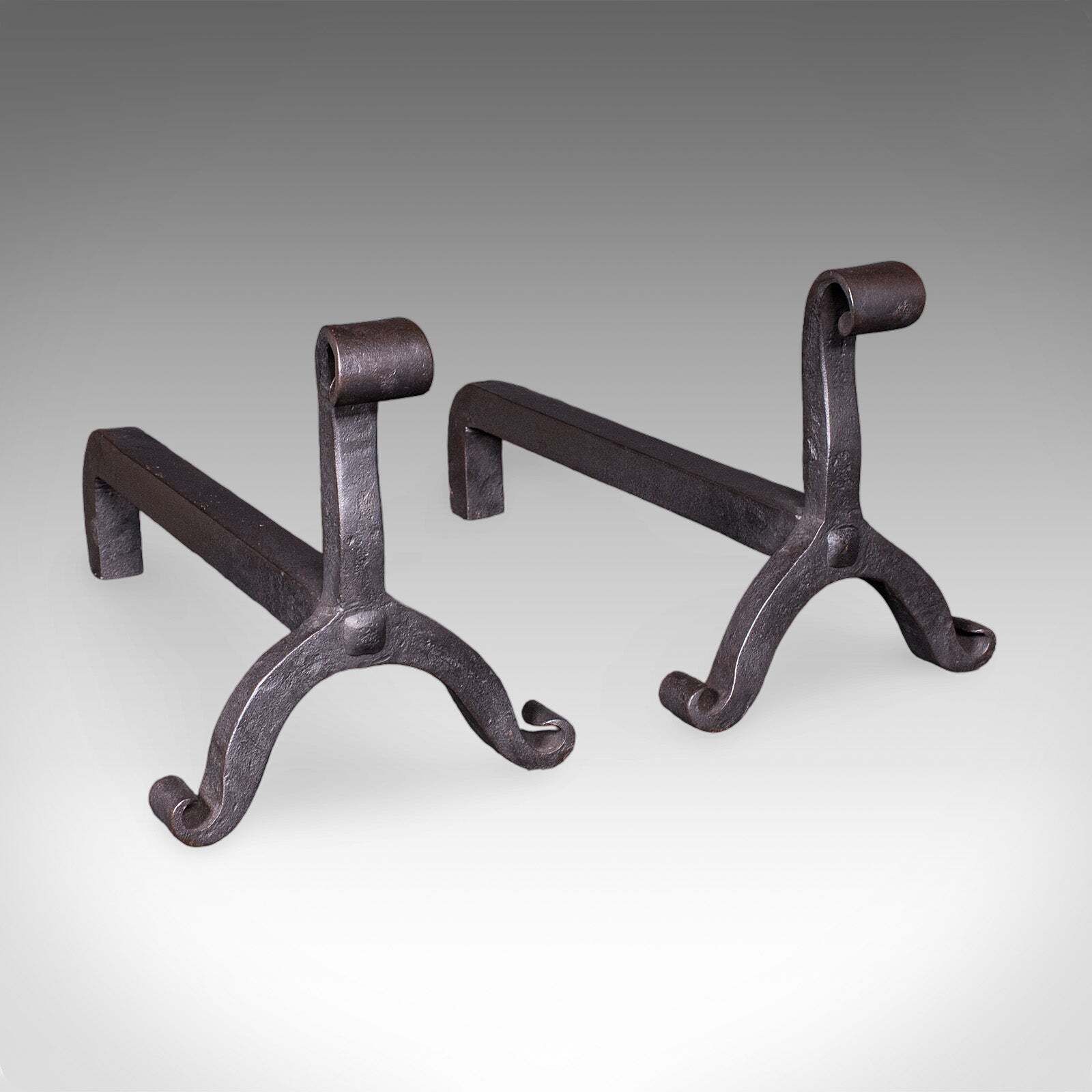 Pair Of Antique Firedogs, English, Estate Made Wrought Iron, Andirons, Victorian