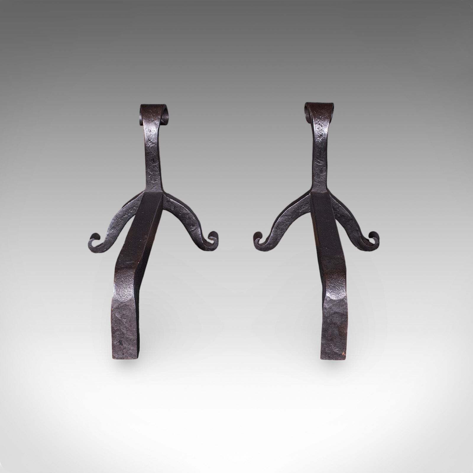 Pair Of Antique Firedogs, English, Estate Made Wrought Iron, Andirons, Victorian photo for sale