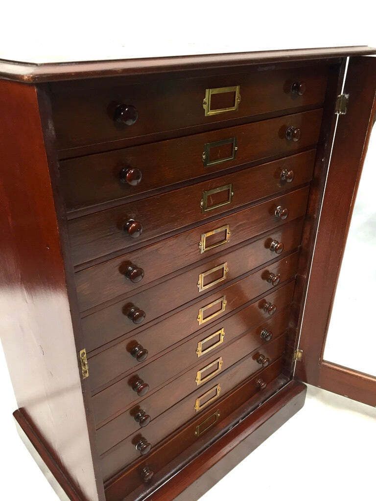 Antique Victorian Mahogany & Glass Specimen Collectors Filing Drawer Cabinet photo vinterior