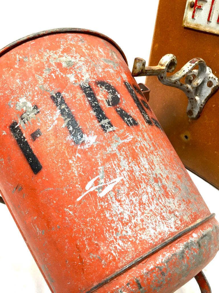Antique Red Galvanised Fire Bucket & Handle / Original Wooden Wall Bracket Sign photo furniture