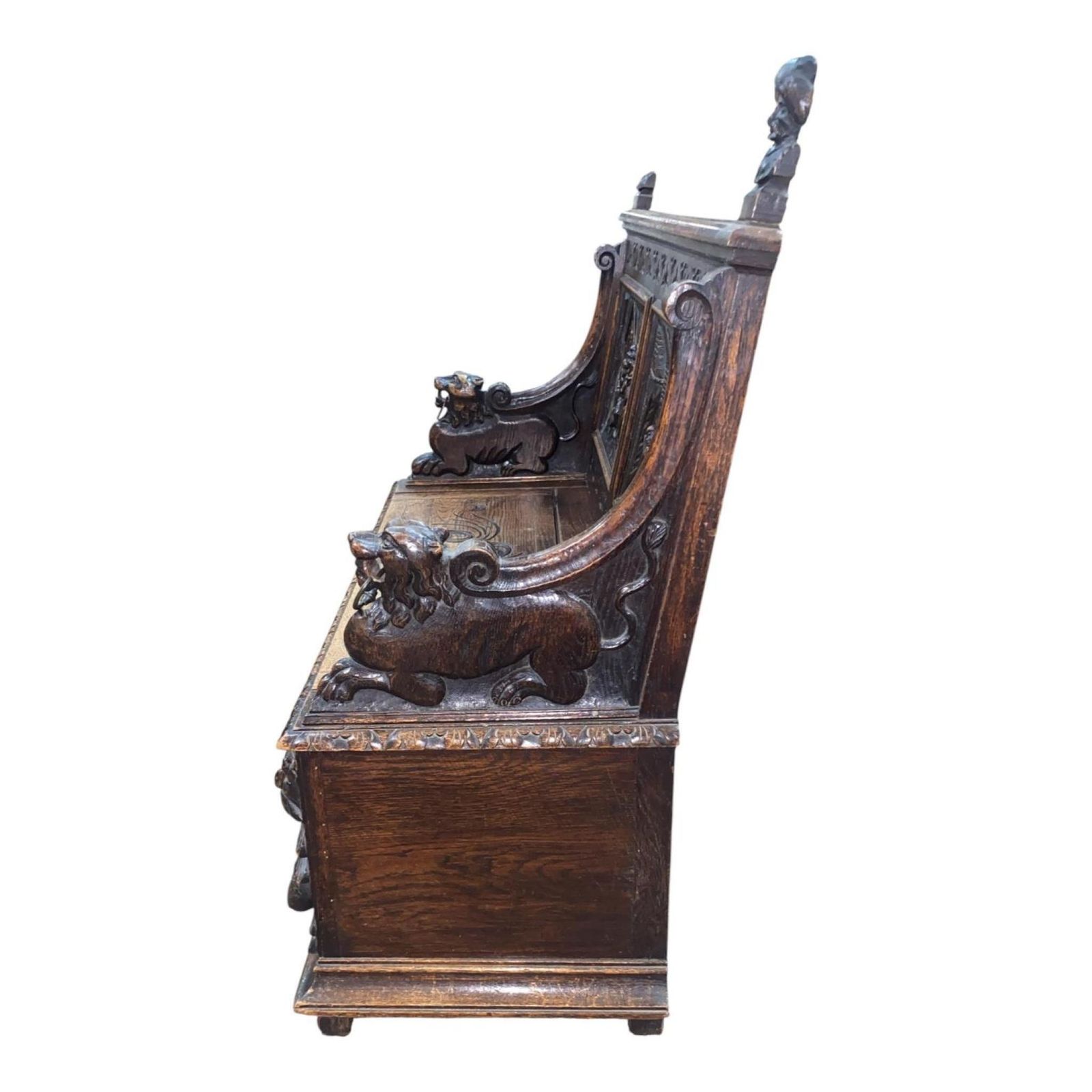 French Carved Oak Settle Renaissance Revival Hall Monks Bench With Lion Masks C.1860 photo Furniture