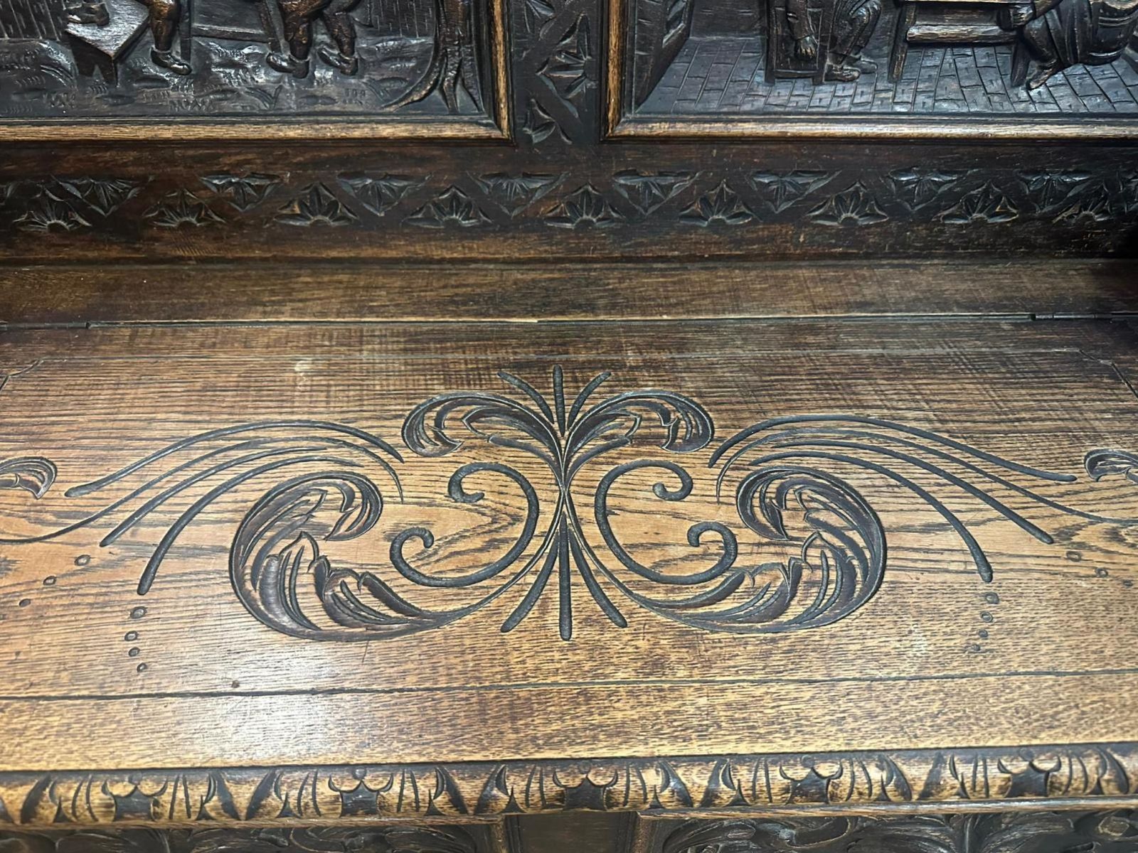 French Carved Oak Settle Renaissance Revival Hall Monks Bench With Lion Masks C.1860 photo vinterior