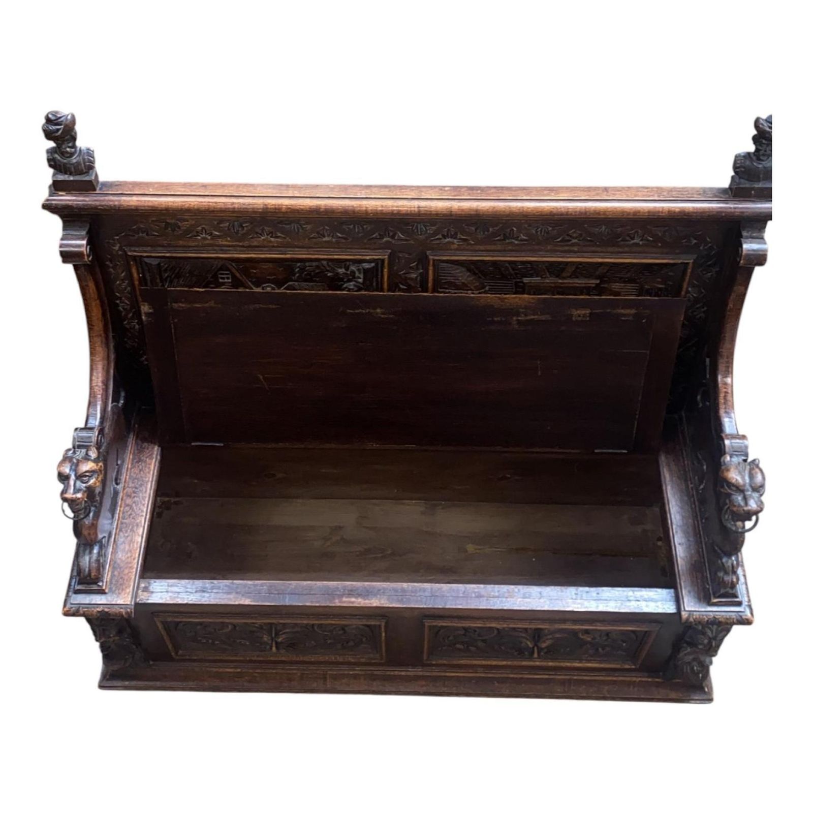 1595.0 French Carved Oak Settle Renaissance Revival Hall Monks Bench With Lion Masks C.1860 photo