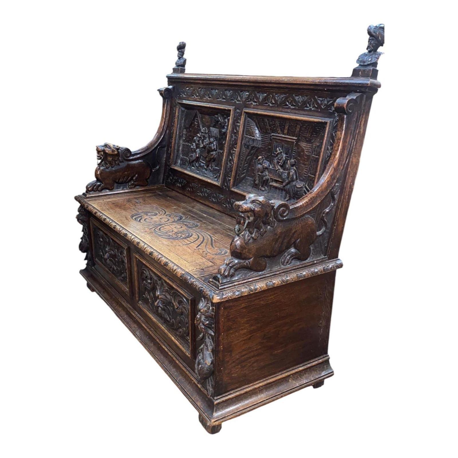 photo vinterior French Carved Oak Settle Renaissance Revival Hall Monks Bench With Lion Masks C.1860