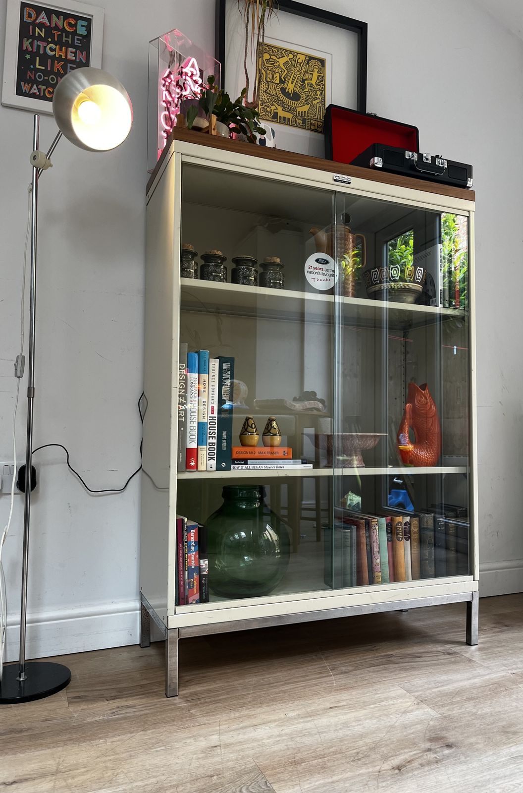 photo for sale Mid Century Ford Sankey Sheldon Glazed Steel Bookcase Cabinet Industrial