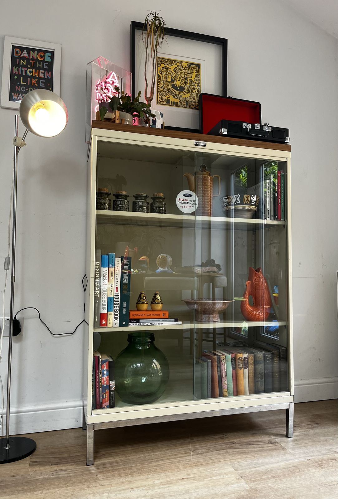 photo buy Mid Century Ford Sankey Sheldon Glazed Steel Bookcase Cabinet Industrial