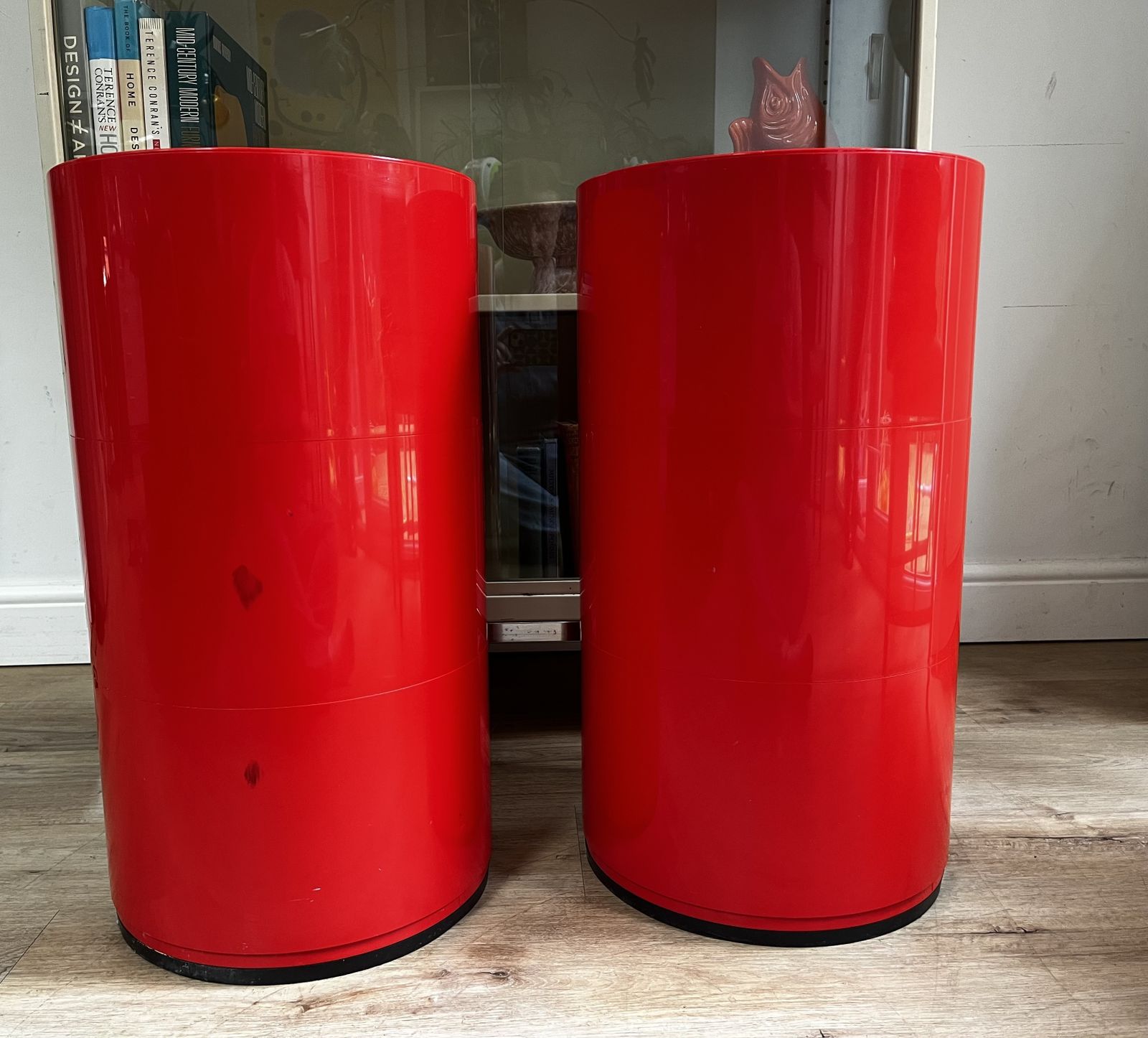 2 4967 Mcm Kartell Componibili 3 Tier Red Storage Bedside Units By Anna Castelli photo for sale