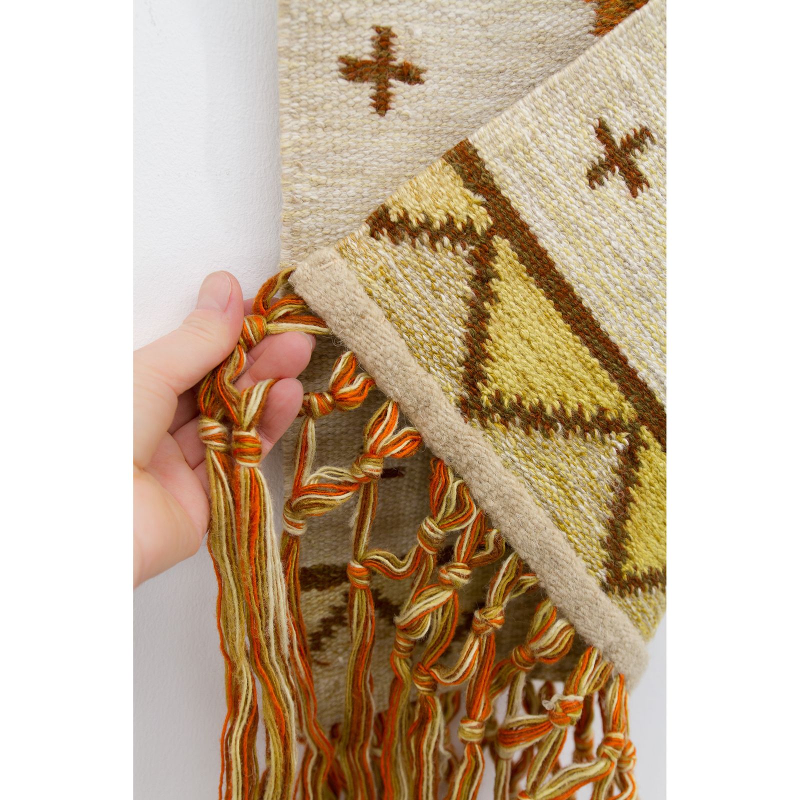 Handwoven Wool Tapestry With Long Fringe And Geometric Folk Art, Vintage 1970s photo 210.0