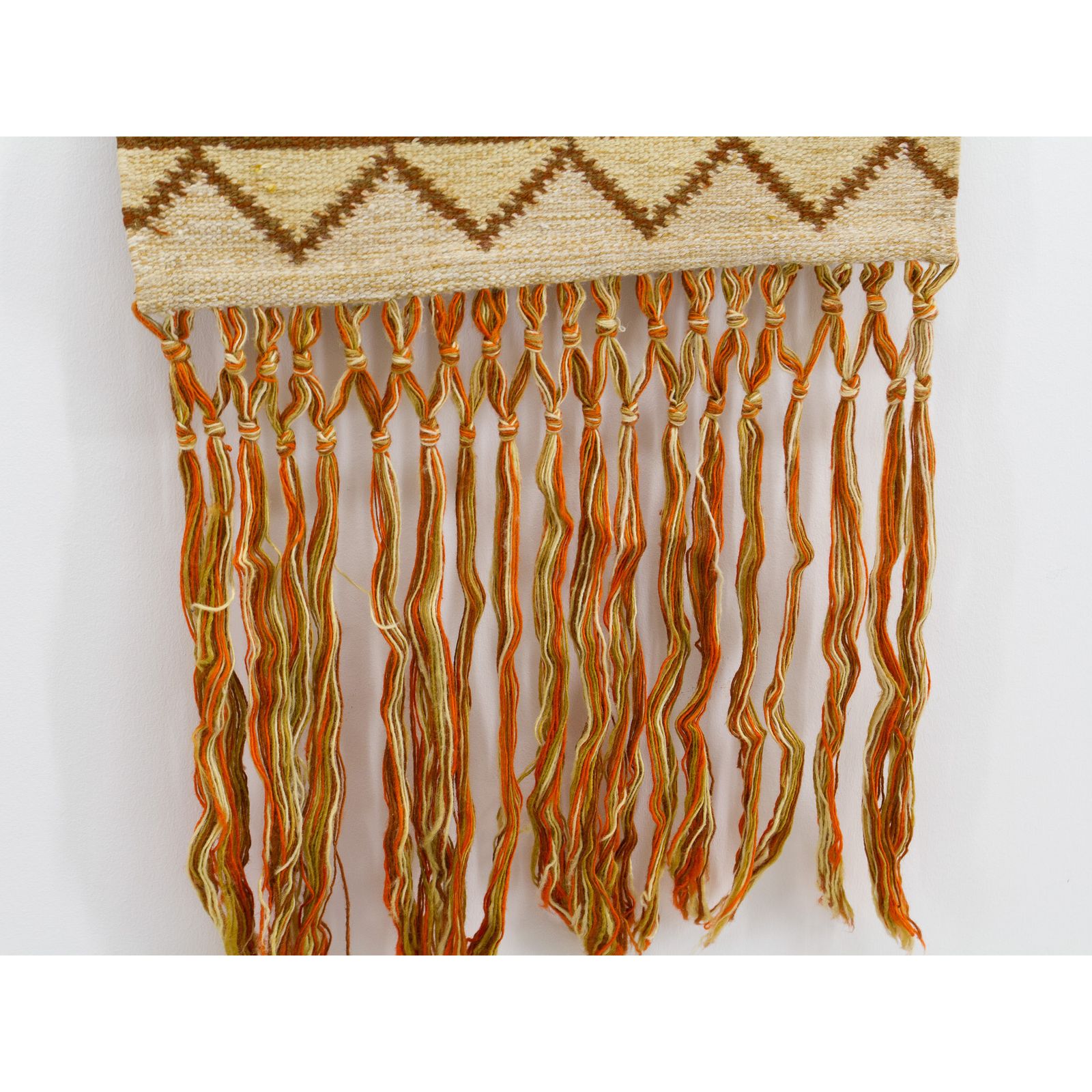 Handwoven Wool Tapestry With Long Fringe And Geometric Folk Art, Vintage 1970s photo buy