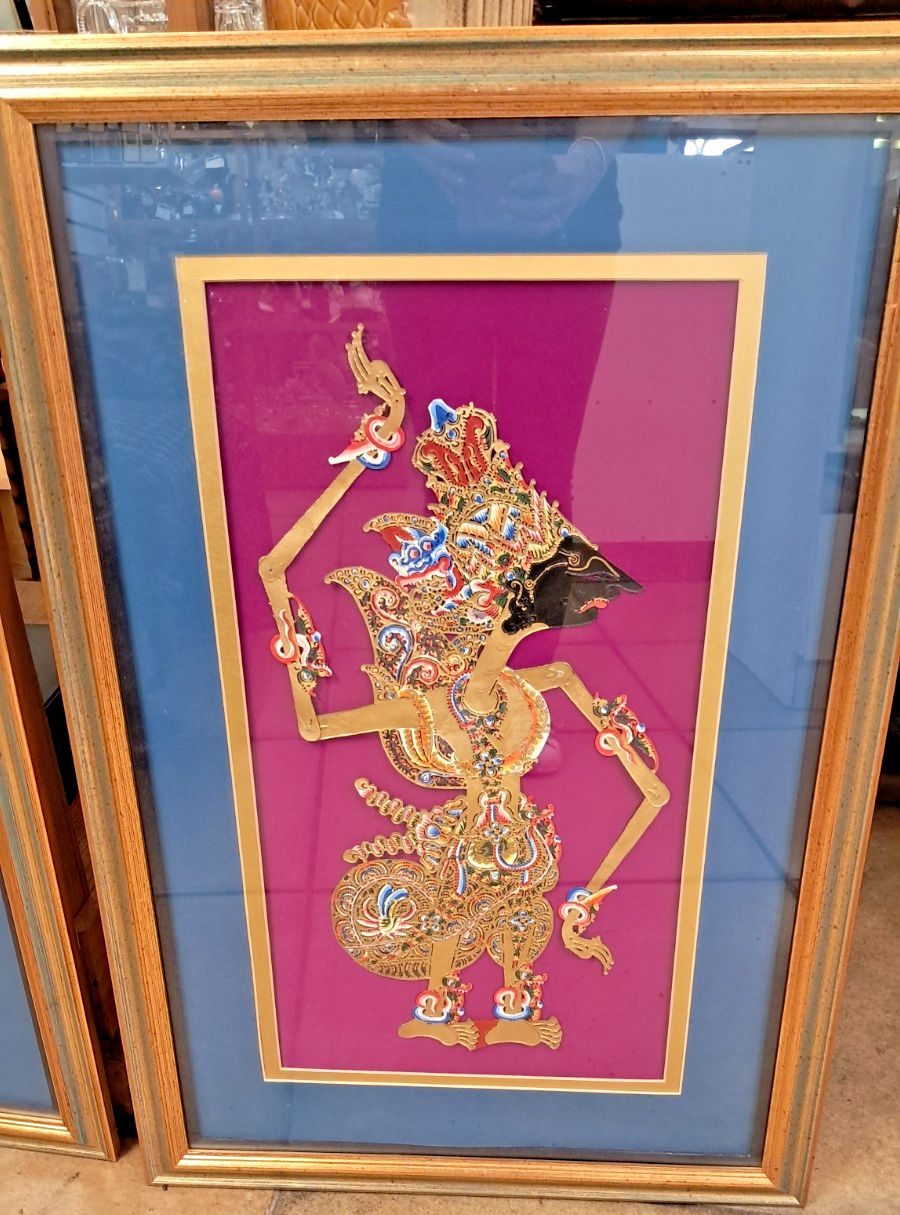 Pair Of Vintage Framed Indonesian Wayang Kulit Shadow Puppets
