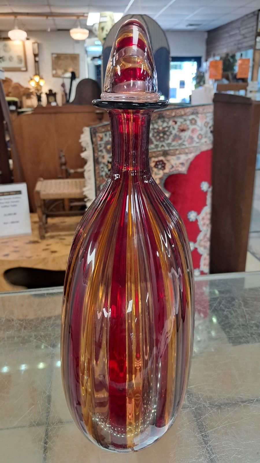 Stunning Murano Glass Samantha Red/ Yellow Ribboned Glass Decanter With Coa photo for sale