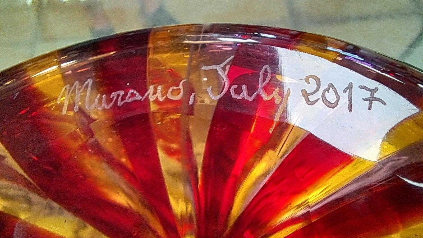 495.0 Stunning Murano Glass Samantha Red/ Yellow Ribboned Glass Decanter With Coa photo