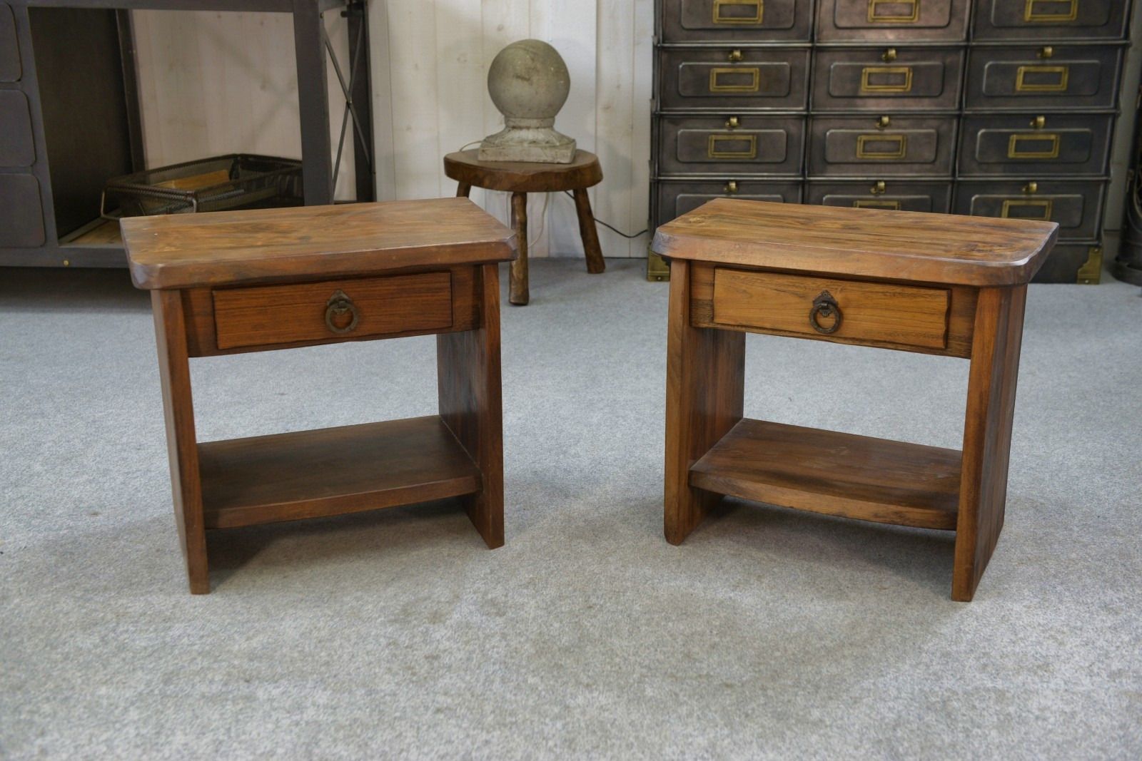 Pair Of Brutalist Solid Elm Bedsideboards By Aranjou 1960 photo buy