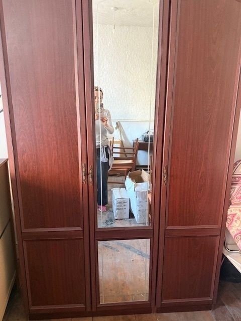 Wardrobe, Solid Walnut Wood With Triple Doors And Shelving
