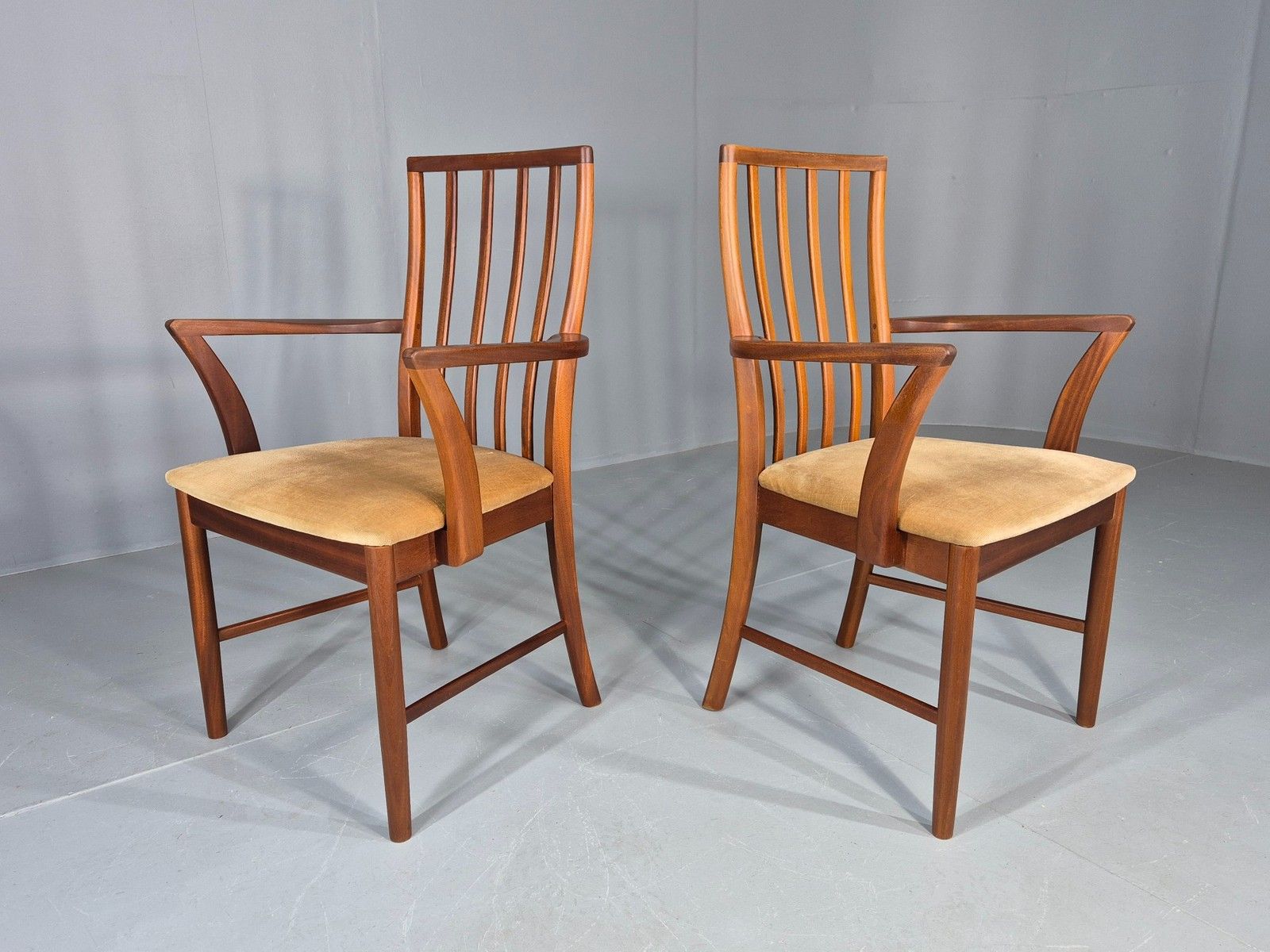 2 Vintage McIntosh Carver Dining Chairs Teak Frames Gold Velour Seats Eb12181