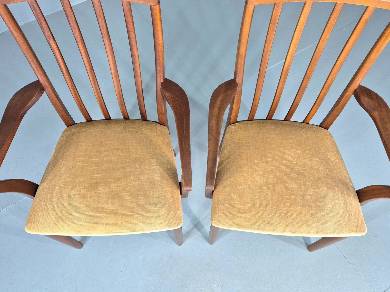 2 Vintage McIntosh Carver Dining Chairs Teak Frames Gold Velour Seats Eb12181 photo vintage