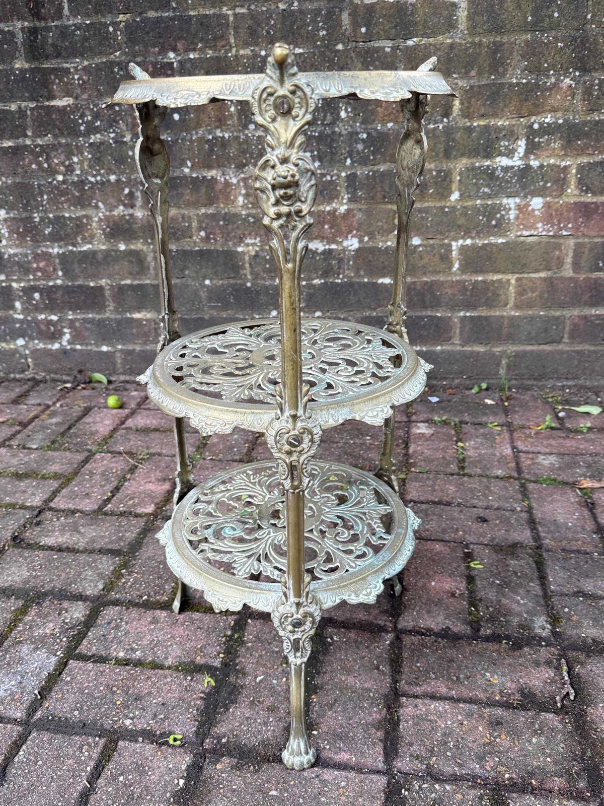Authentic Victorian Ornate Brass Plant Stand Three Tier Display Stand photo vinterior