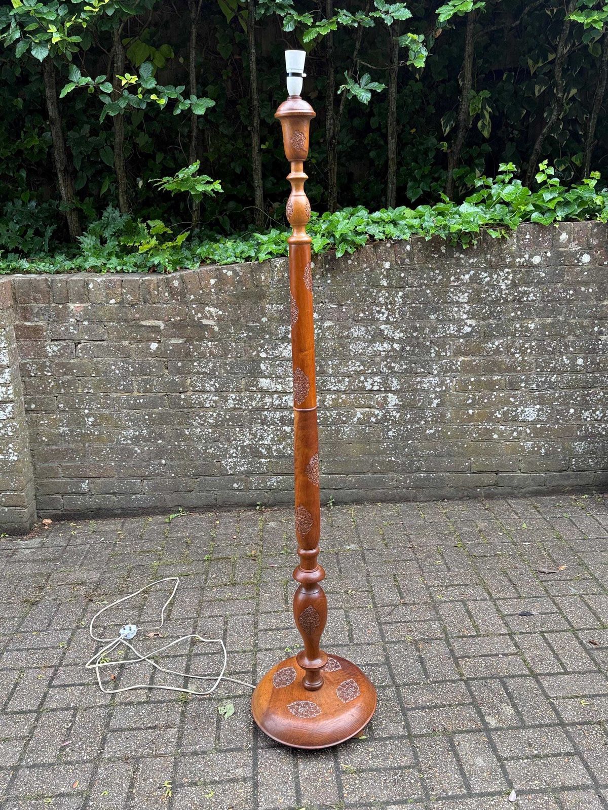 Stunning Vintage Indian Carved Wooden Standard Lamp Pumposh Mid Century Floor Lamp Working And Tested photo furniture
