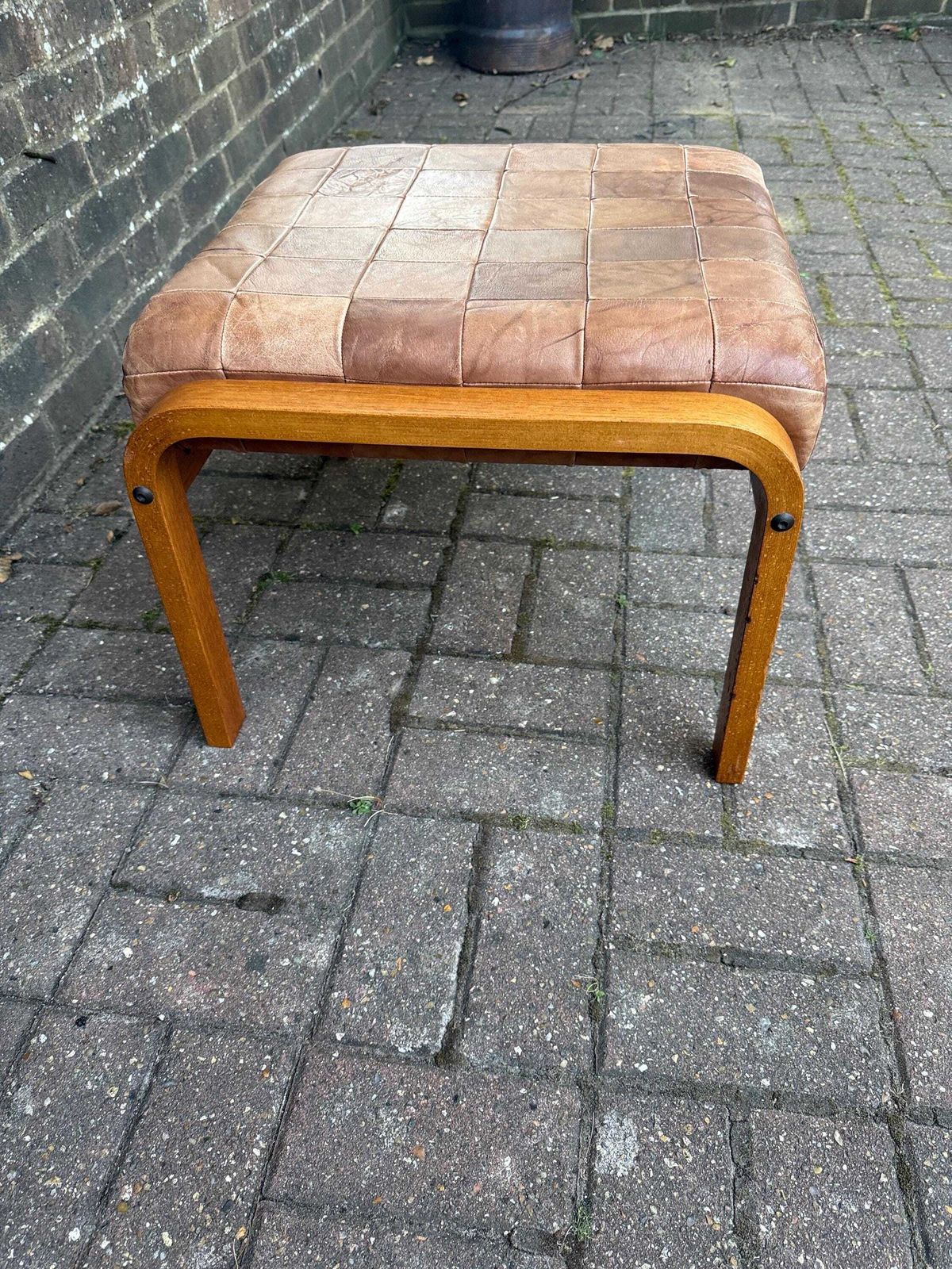 Vintage Danish Style Leather Footstool Mid Century Scandinavian Ottoman Retro Stool Mcm Foot Rest Bentwood Seat photo vinterior