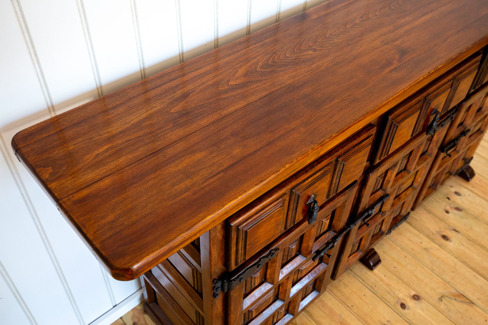 photo vintage Spanish Sideboard Credenza Navarro Argudo Baroque Tuscan Mid Century Walnut Iron Brutalist Geometric Catalan