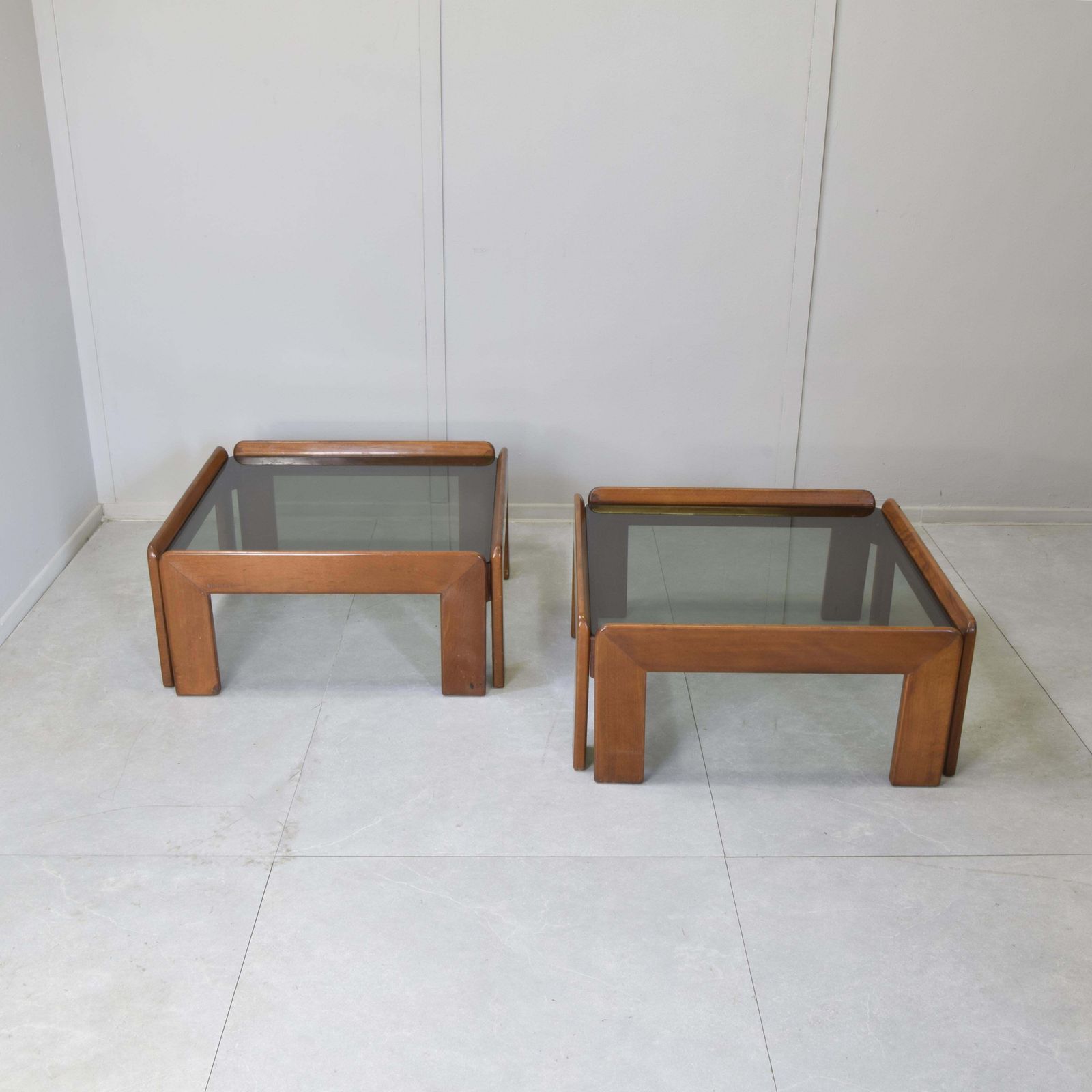 Afra & Tobia Scarpa For Cassina   Pair Of Walnut And Smoked Glass Coffee Tables photo for sale
