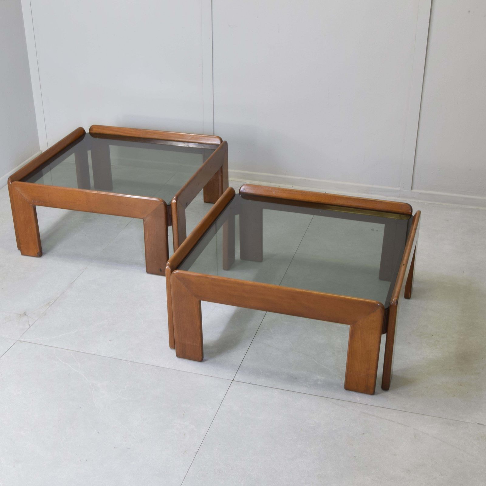 Afra & Tobia Scarpa For Cassina   Pair Of Walnut And Smoked Glass Coffee Tables photo vinterior