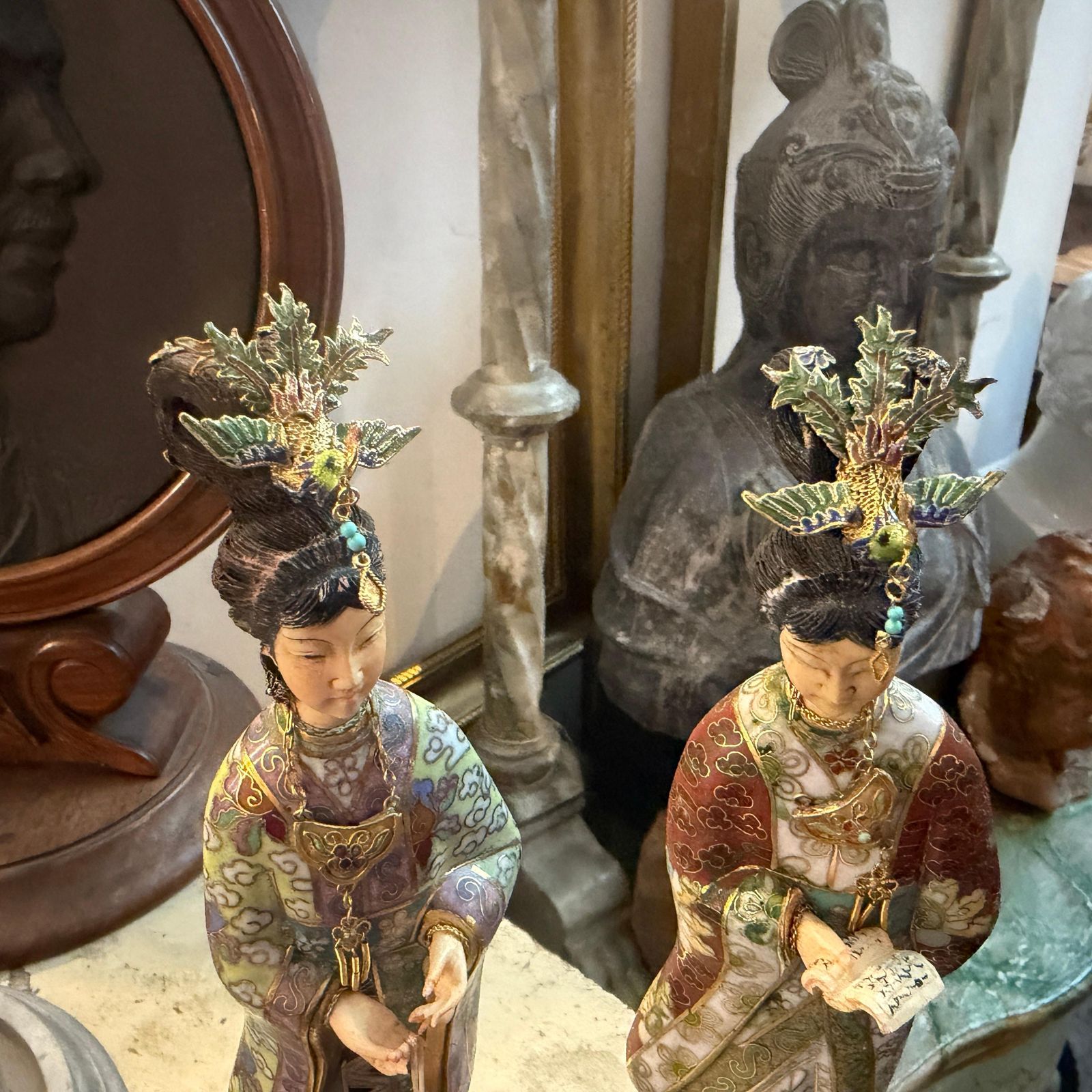 Two 1960s Chinese Export Cloisonnè Traditional Figures Of Woman photo Home Decor