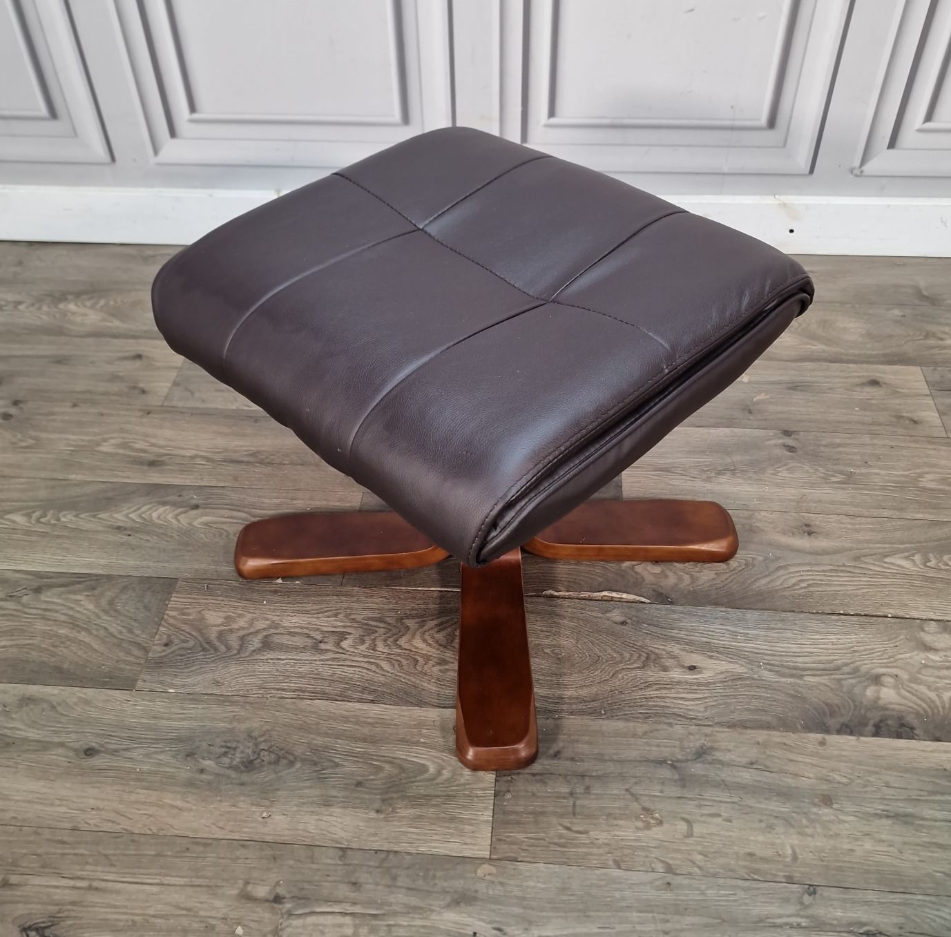 Vintage Sloped Footstool Brown Leather Style Rest Stool Suit Stressless Retro photo for sale
