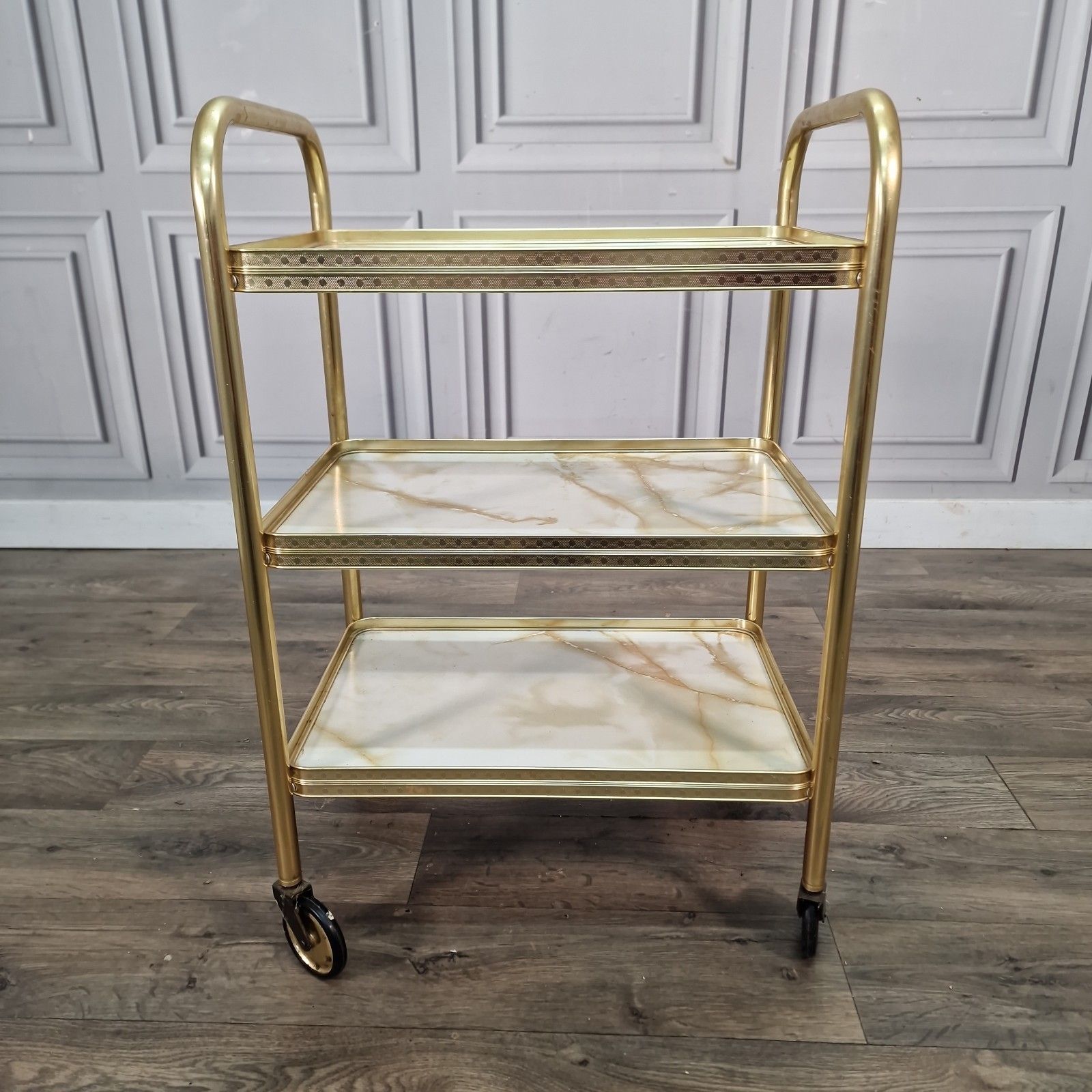 Vintage Drinks Tea Trolley Gold Metal Marble Effect Retro 3 Tier Serving Cart photo Furniture
