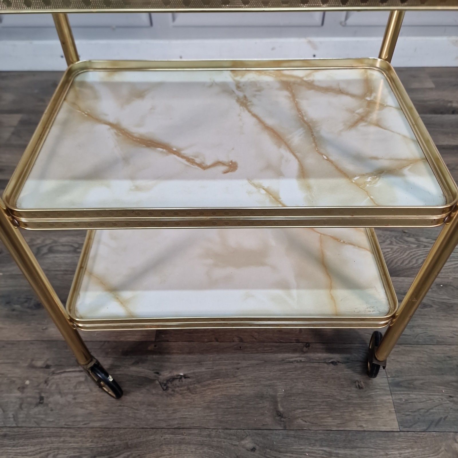 Vintage Drinks Tea Trolley Gold Metal Marble Effect Retro 3 Tier Serving Cart photo vinterior