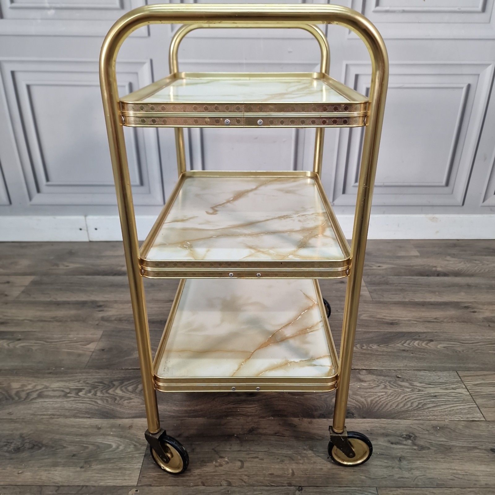 photo for sale Vintage Drinks Tea Trolley Gold Metal Marble Effect Retro 3 Tier Serving Cart