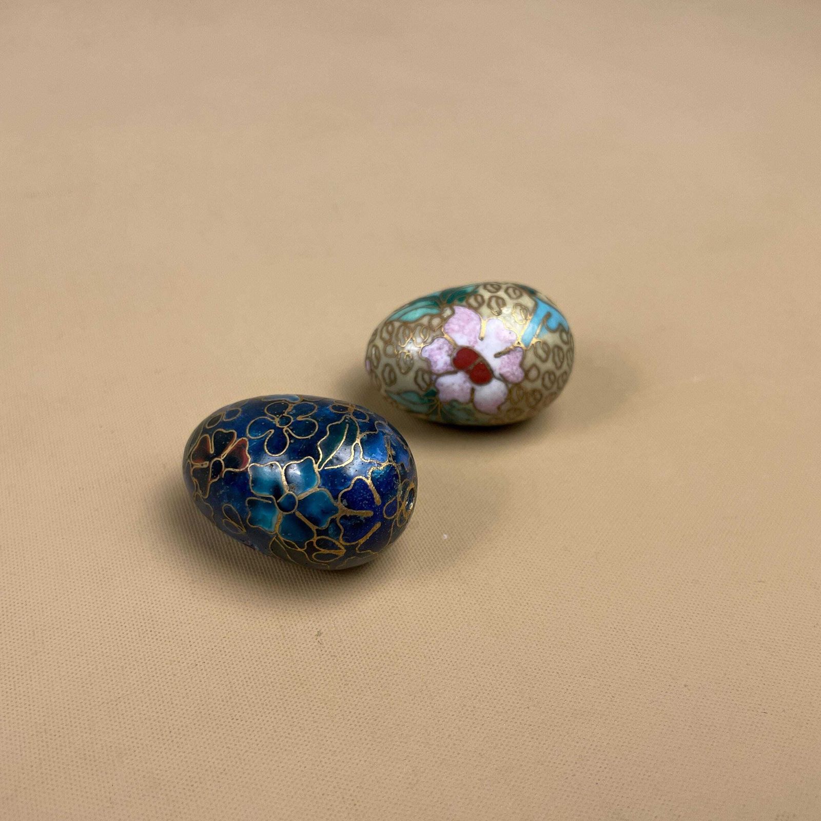 Cloisonne Decorative Eggs Pair Mini Hand Painted Floral Blue Gold Ornaments For Shelf Bowl Display photo for sale