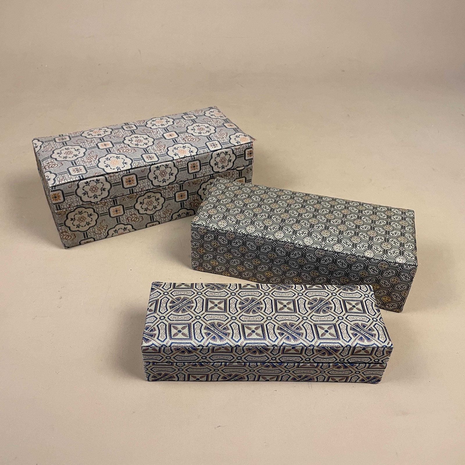 Oriental Fabric Storage Boxes Set Of 3 Rectangular Keepsake Boxes Blue Lined Asian Geometric Patterned Print Dressing Table Accent