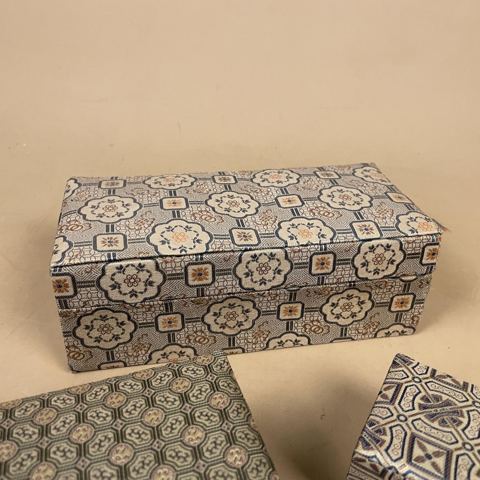 Oriental Fabric Storage Boxes Set Of 3 Rectangular Keepsake Boxes Blue Lined Asian Geometric Patterned Print Dressing Table Accent photo Home Decor