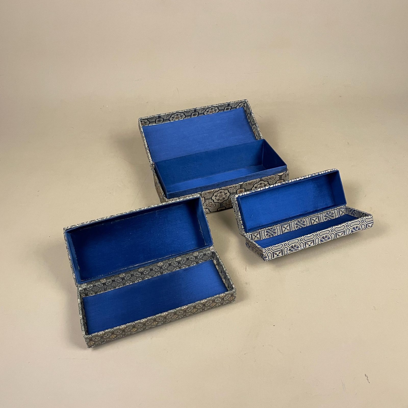 photo for sale Oriental Fabric Storage Boxes Set Of 3 Rectangular Keepsake Boxes Blue Lined Asian Geometric Patterned Print Dressing Table Accent
