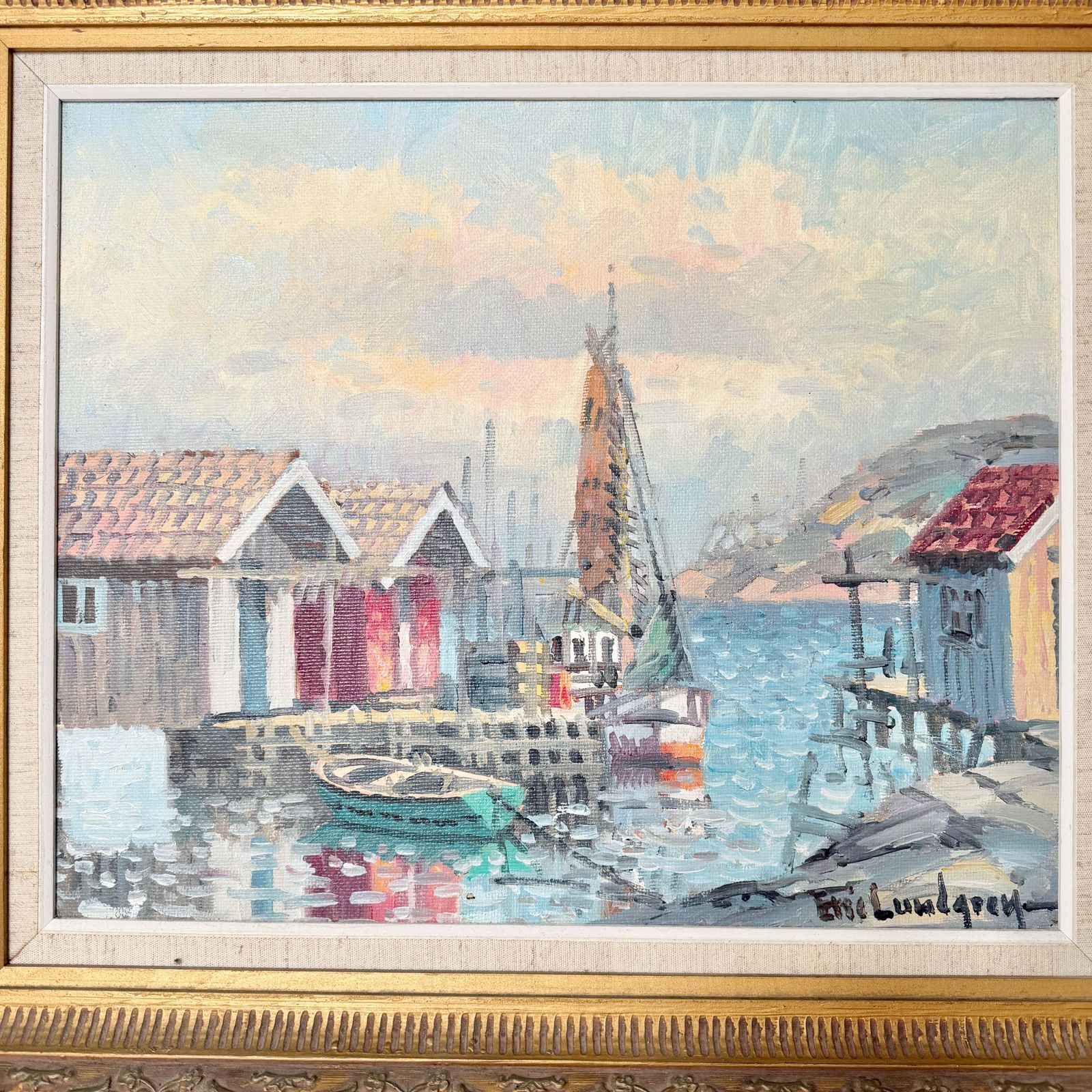 Tranquil Harbour. Vintage Swedish Oil Painting By Eric Lundgren. photo furniture