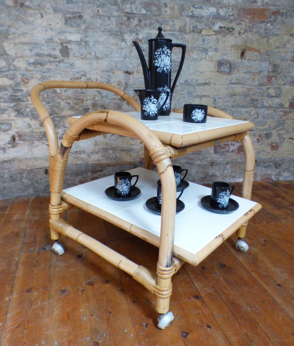 Mid Century Retro Boho Bamboo Tea / Cocktail / Side Table Trolley Uk  Delivery