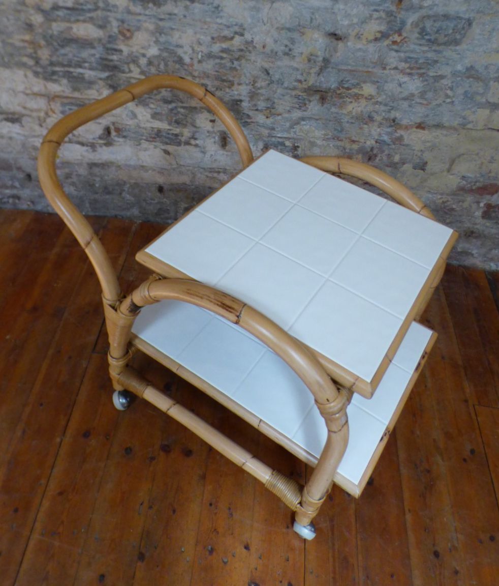 photo vinterior Mid Century Retro Boho Bamboo Tea / Cocktail / Side Table Trolley Uk  Delivery