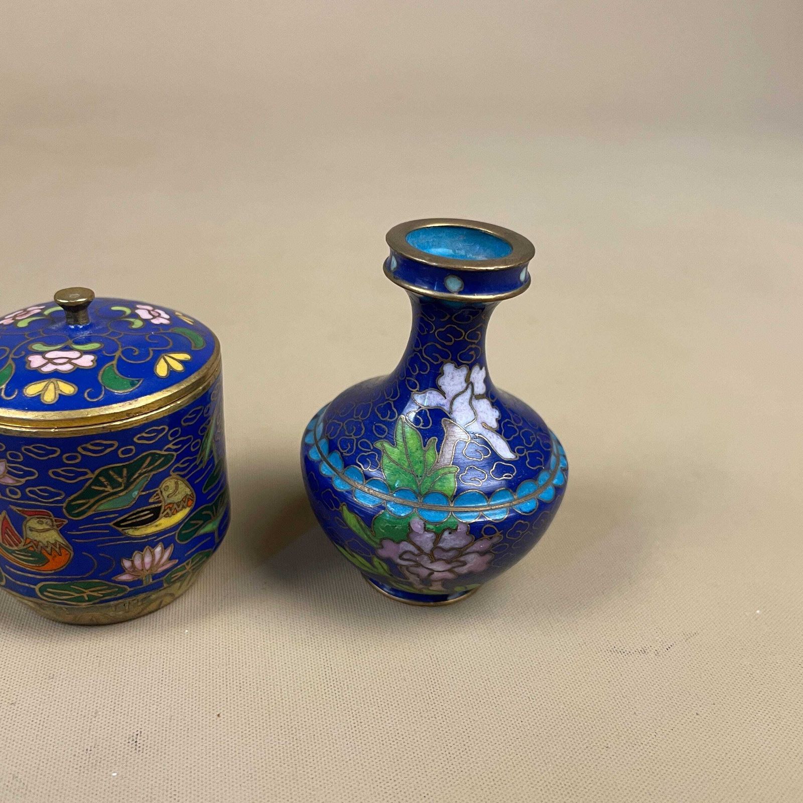 Chinese Cloisonne Enamel Pots Pair Blue Floral Lidded Jar And Vase Oriental Decor Small Collectible Display For Shelf photo for sale
